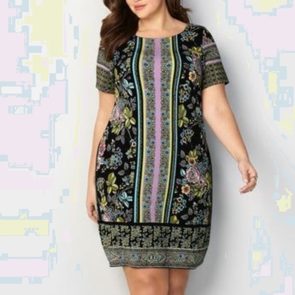 Black Lavender Floral Border Sheath Dress NWOT